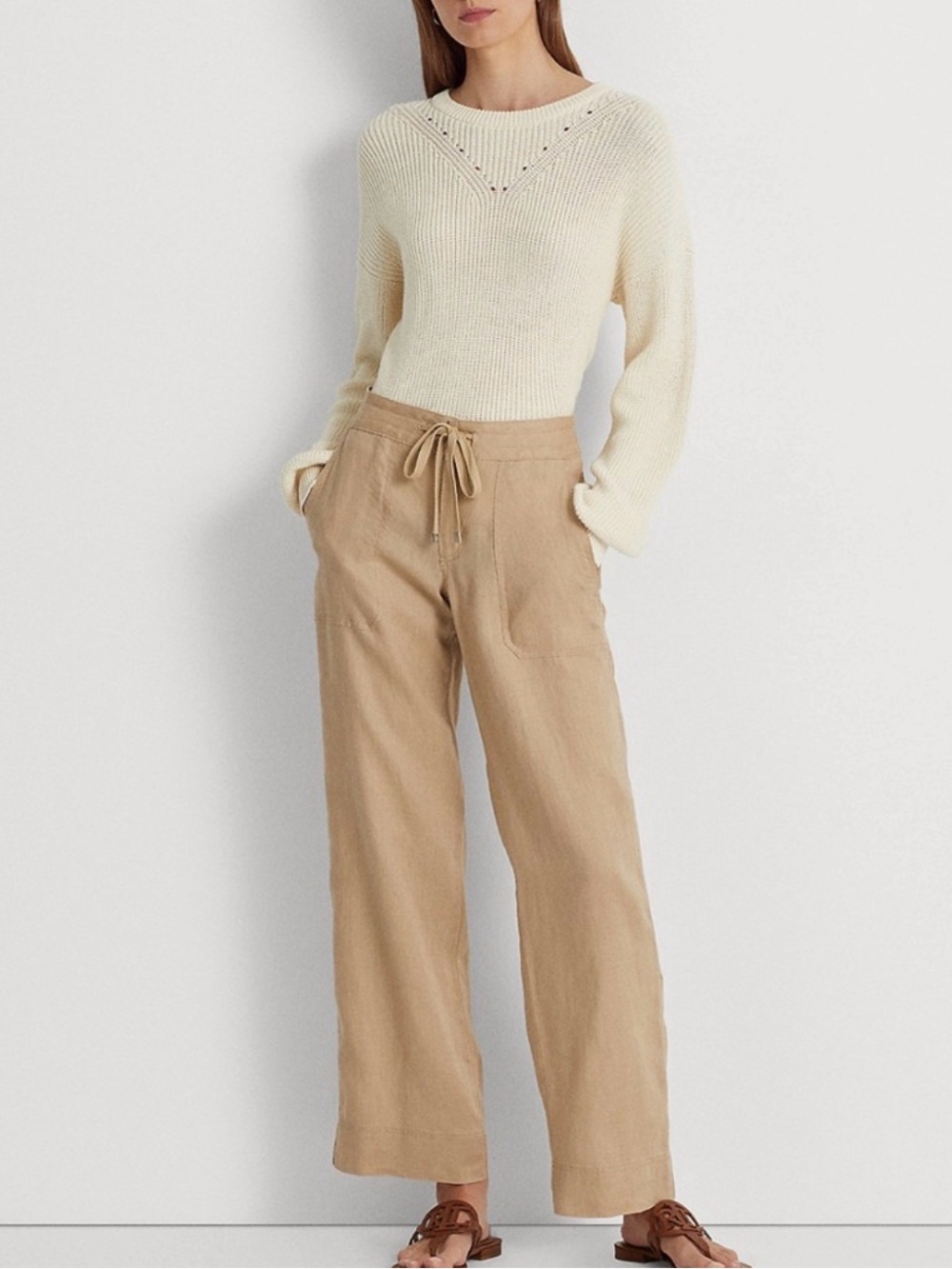 Ralph Lauren Tan 100% Linen Drawstring Pants Size 2